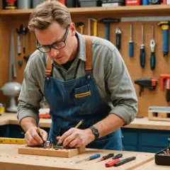 Un homme concentré dans son **atelier bricolage**, entouré d'outils, assemble des pièces sur un établi en bois.