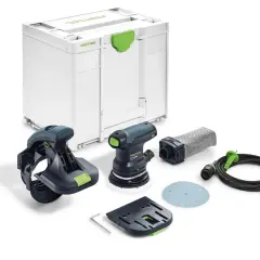 Ensemble d'outils Festool avec ponceuse ETS 125 REQ, système d'aspiration, câble et coffret de rangement.