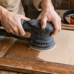 Mains effectuant un ponçage bois sur un meuble ancien, révélant une surface claire et lisse.
