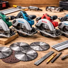 Quatre scies circulaires de différentes couleurs (vert, bleu, rouge, bleu) sont alignées sur un établi en bois, entourées de lames, d'outils et de lunettes de protection.