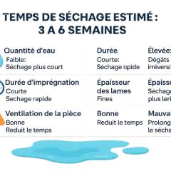 Tableau estimant le temps de séchage d'un parquet stratifié après dégât des eaux : 3 à 6 semaines. Facteurs influençant : quantité d'eau, durée d'imprégnation, épaisseur des lames, ventilation.
