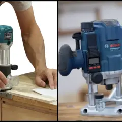 Un artisan utilise une défonceuse pour fabriquer un guide précis. Une autre défonceuse Bosch est montrée.