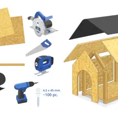 Matériaux et outils pour fabriquer une niche pour chien : panneaux de bois, scie circulaire, scie sauteuse, vis, rouleau de feutre noir.