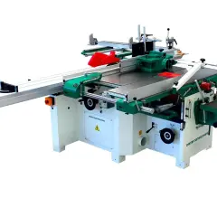 Machine à bois professionnelle, combinant scie circulaire, dégauchisseuse et toupie pour des travaux de menuiserie précis.