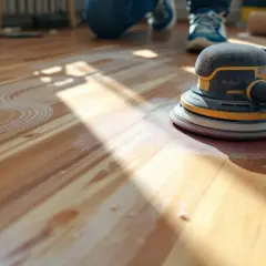 Une ponceuse orbitale en action sur un parquet en bois, laissant des traces de poussière. Apprenez comment poncer du bois avec ponceuse pour un résultat impeccable.