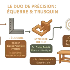 L'équerre d'ébéniste, outil de précision, permet de tracer des lignes parallèles et des angles parfaits pour des montants identiques.