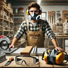 Un menuisier prépare son travail dans son atelier. Il porte un masque, des lunettes et un tablier. Des outils et du bois sont disposés sur la table.