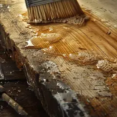 Un pinceau applique un liquide moussant sur une planche de bois brute. L'essence de térébenthine bois pénètre les fibres.