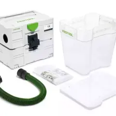 Ensemble pour un atelier propre : le filtre cyclonique Festool, son réservoir transparent, un tuyau vert et une notice.