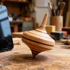 Une toupie en bois tourne sur un établi, à côté d'un smartphone. Un artisan a créé cette machine toupie.