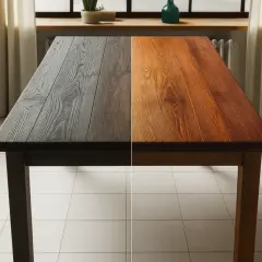 Tableau divisé en deux : d'un côté, le bois est sombre et vieilli, de l'autre, il est clair et lumineux. Un avant-après pour éclaircir le bois.