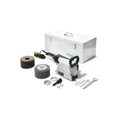 Ensemble d'outils Festool pour le décapage et le nettoyage, incluant une machine, des brosses, des clés et une boîte de rangement. Idéal pour le rustofix.