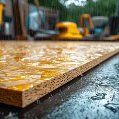 Planche d'OSB sous la pluie, l'eau ruisselle sur sa surface. L'humidité menace ce matériau de construction.