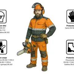 Un bûcheron en tenue de travail orange et grise, tenant une tronçonneuse. Autour, des icônes illustrent l'équipement de protection individuelle (EPI) : tête, mains, corps, pieds.