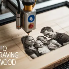 Une machine grave une photo de famille sur du bois, montrant comment graver sur du bois pour un souvenir unique.