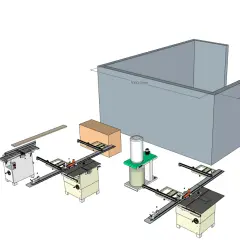 Plan atelier menuiserie : scie à ruban, dégauchisseuse, deux scies circulaires, un aspirateur et un bloc de bois dans un espace de 5x6m.