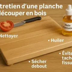 Planche à découper en bois huilé, avec une tomate coupée, un couteau, une bouteille d'huile et un chiffon. Conseils : nettoyer, huiler, sécher debout, éviter taches et fissures.