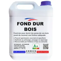 Bidon de 5L de FOND DUR BOIS, un produit pour durcir les pores du bois avant finition. Idéal pour préparer vos surfaces avant ponçage ou égrenage.