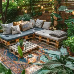 Salon de jardin cosy avec canapé et table basse fabriqués à partir de palettes. Une **terrasse en palette** accueillante, décorée de coussins et de plantes.