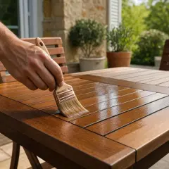 Application de vernis marin sur une table de jardin en bois pour assurer sa durée de vie.