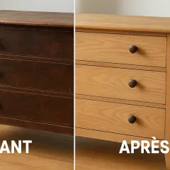 Avant/Après : un commode en bois sombre, patiné par le temps, retrouve sa jeunesse après un décapage meuble bois.