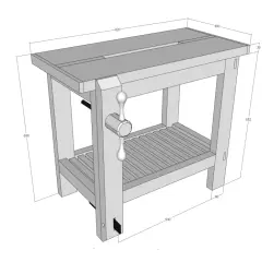 Plan pour faire un établi en bois, avec étau intégré et étagère. Dimensions indiquées.