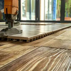 Pose d'un carrelage sur plancher bois avec un outil de pose. Le nouveau carrelage s'aligne parfaitement sur le parquet existant.