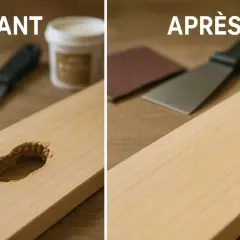 Avant/après : un trou dans le bois rebouché avec de la pâte à bois.