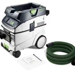 Aspirateur Festool CT VA 20 avec tuyau vert et sac filtrant. Idéal pour un atelier propre.