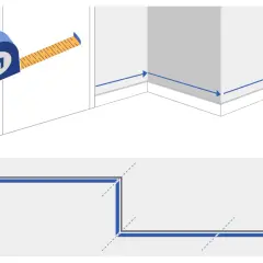 Illustration d'un mètre ruban et de plinthes dans un coin, avec des flèches indiquant les mesures.