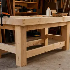 Un établi de menuisier en bois massif, prêt pour le travail. Le plan établi menuisier est visible sur le dessus, avec des vis et de la colle.