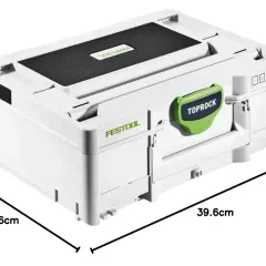 Boîtier blanc Festool avec poignée verte "TOPROCK". Ce **radio de chantier Festool** est compact et robuste, idéal pour les professionnels.