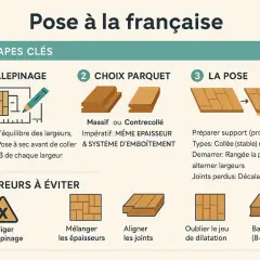 Guide pour la pose de parquet à la française : étapes, choix du bois (massif ou contrecollé, même épaisseur parquet massif), pose et erreurs à éviter.