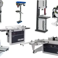 Ensemble de machines à bois FELDER : dégauchisseuse, scie à format, scie à ruban, aspirateur et scie à onglets.