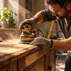 Un artisan utilise une ponceuse pour préparer un meuble en bois avant de le peindre. La poussière vole autour de l'outil.