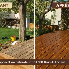 Avant/Après : terrasse en bois vieillie puis rénovée avec saturateur brun. Le temps entre 2 couches de saturateur est crucial pour un résultat optimal.