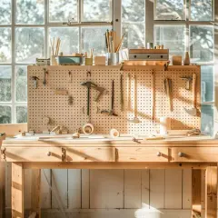 Un établi en bois baigné de lumière, prêt pour apprendre comment travailler le bois. Outils, pièces de bois et fournitures organisés.