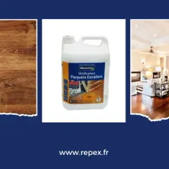 Image montre un parquet, un bidon de vitrificateur et un salon. Une vitrification parquet ratée peut arriver, mais ce produit promet un résultat professionnel.