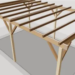 Structure en bois d'une pergola fait maison, en cours de construction, avec des poteaux et des poutres apparents.