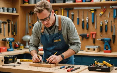 Un homme concentré dans son **atelier bricolage**, entouré d'outils, assemble des pièces sur un établi en bois.