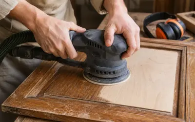 Mains effectuant un ponçage bois sur un meuble ancien, révélant une surface claire et lisse.