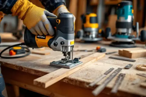 Mains gantées pilotant une scie sauteuse pour une coupe de travers sur une planche de bois. Outils de menuiserie en arrière-plan.