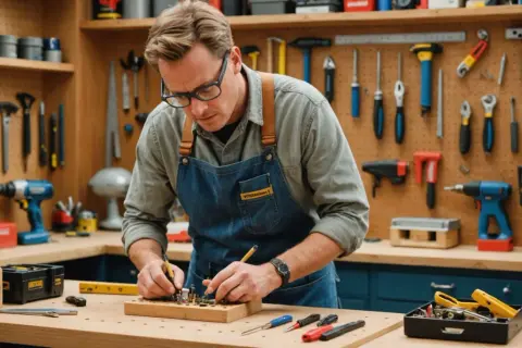 Un homme concentré dans son **atelier bricolage**, entouré d'outils, assemble des pièces sur un établi en bois.
