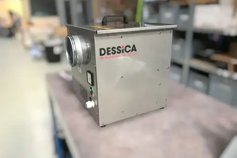Un déshumidificateur DESSICA, idéal pour savoir quel déshumidificateur choisir. Appareil métallique avec une entrée d'air ronde et un panneau de contrôle.