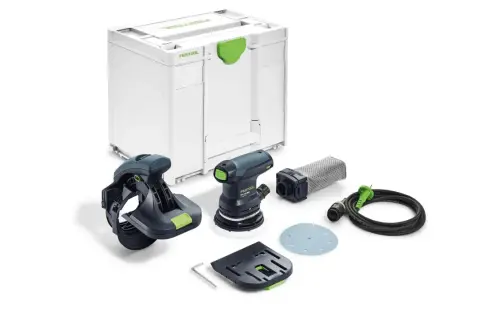 Ensemble d'outils Festool avec ponceuse ETS 125 REQ, système d'aspiration, câble et coffret de rangement.