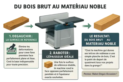 Illustration du processus de transformation du bois brut en matériau noble grâce à une dégauchisseuse raboteuse. Pensez : Rabot Dégau occasion !