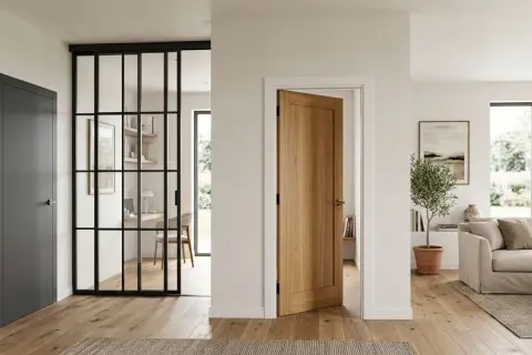 Une porte en bois clair est ouverte, révélant un salon lumineux. Une autre porte grise est visible à gauche, près d'une verrière industrielle.