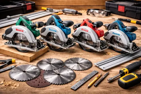 Quatre scies circulaires de différentes couleurs (vert, bleu, rouge, bleu) sont alignées sur un établi en bois, entourées de lames, d'outils et de lunettes de protection.