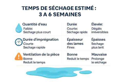 Tableau estimant le temps de séchage d'un parquet stratifié après dégât des eaux : 3 à 6 semaines. Facteurs influençant : quantité d'eau, durée d'imprégnation, épaisseur des lames, ventilation.