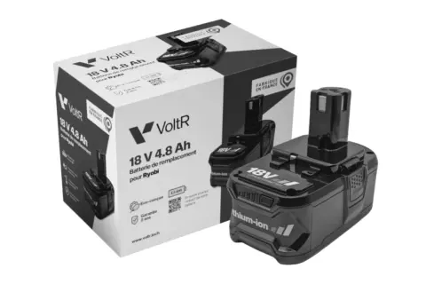 Batterie VoltR 18V 4.8 Ah de remplacement pour Ryobi, soulignant la compatibilité batterie entre marque. Fabriquée en France.